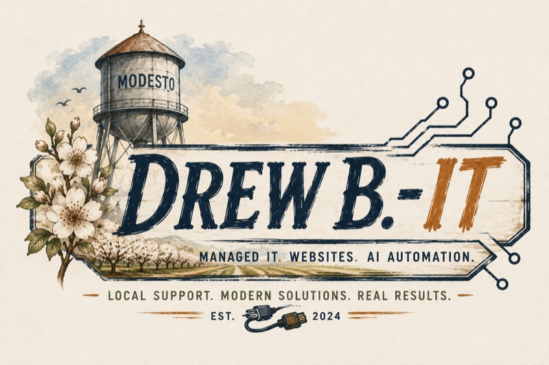 Drew B.-IT — hand-painted logo: the Modesto water tower with almond blossoms and circuit traces. Managed IT. Websites. AI Automation. Est. 2024.