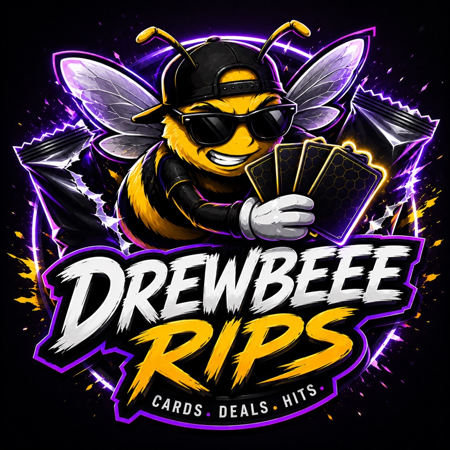 DREWBEEE RIPS emblem — cartoon bee in a backwards cap and sunglasses fanning trading cards, ringed by purple lightning